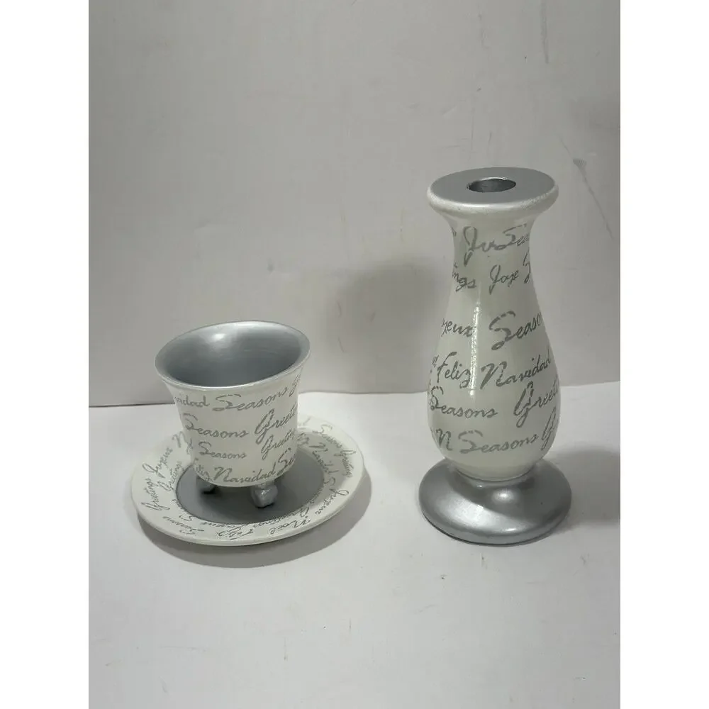 3 Piece Set Candle Holder Cup And‎ Plate Writing Seasons Greetings White Ceramic